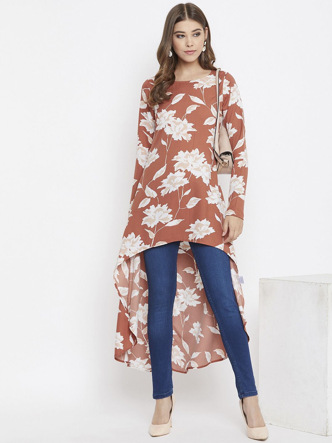 Berrylush Brown & White Floral Printed Crepe High-Low Longline Top