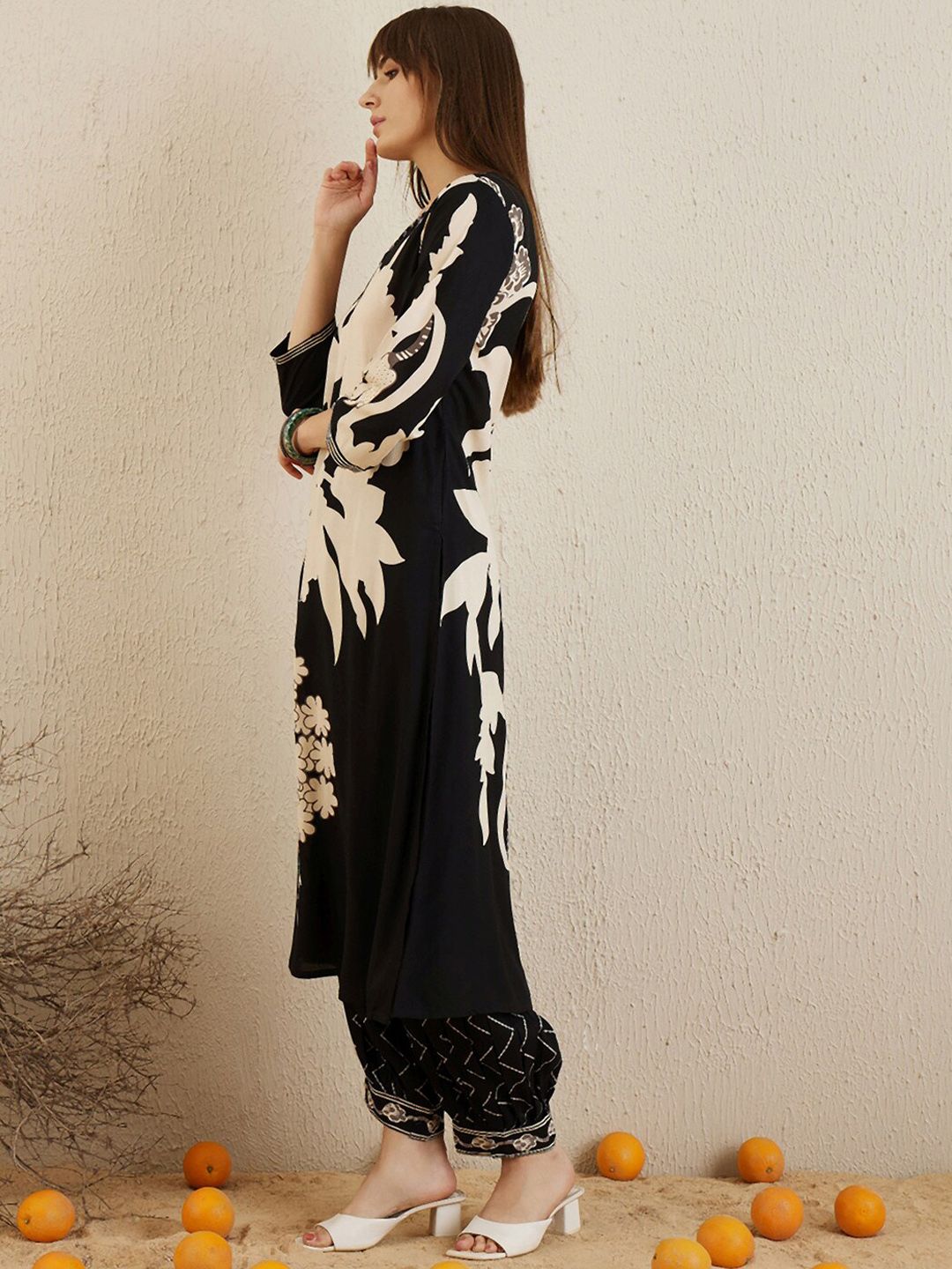 Indo Era Black Floral Printed V-Neck Sequinned A-Line Kurta With Salwar