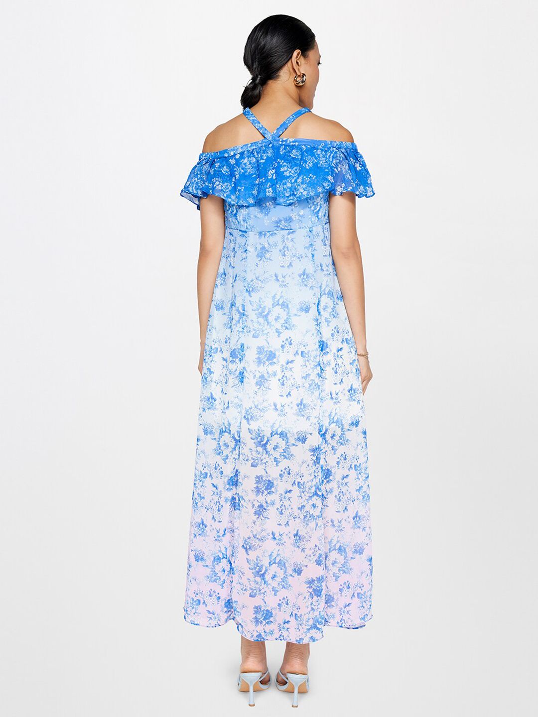 AND Floral Printed Halter Neck Cold-Shoulder Ruffled Maxi Dress