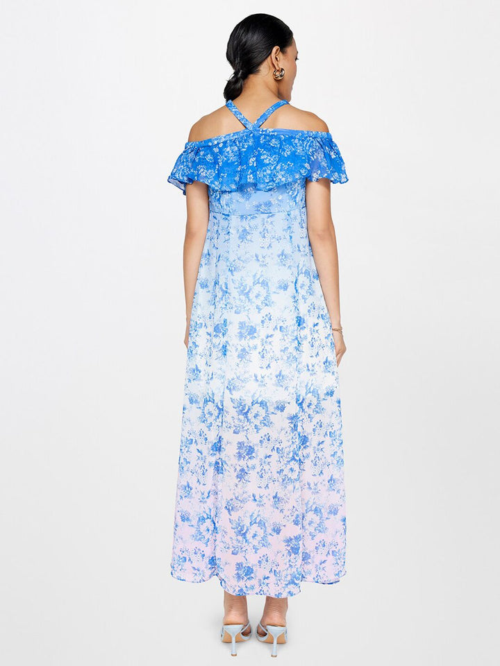 AND Floral Printed Halter Neck Cold-Shoulder Ruffled Maxi Dress