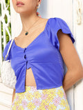 DressBerry Glossy Vibes Smocked Front-Slit Crop Top