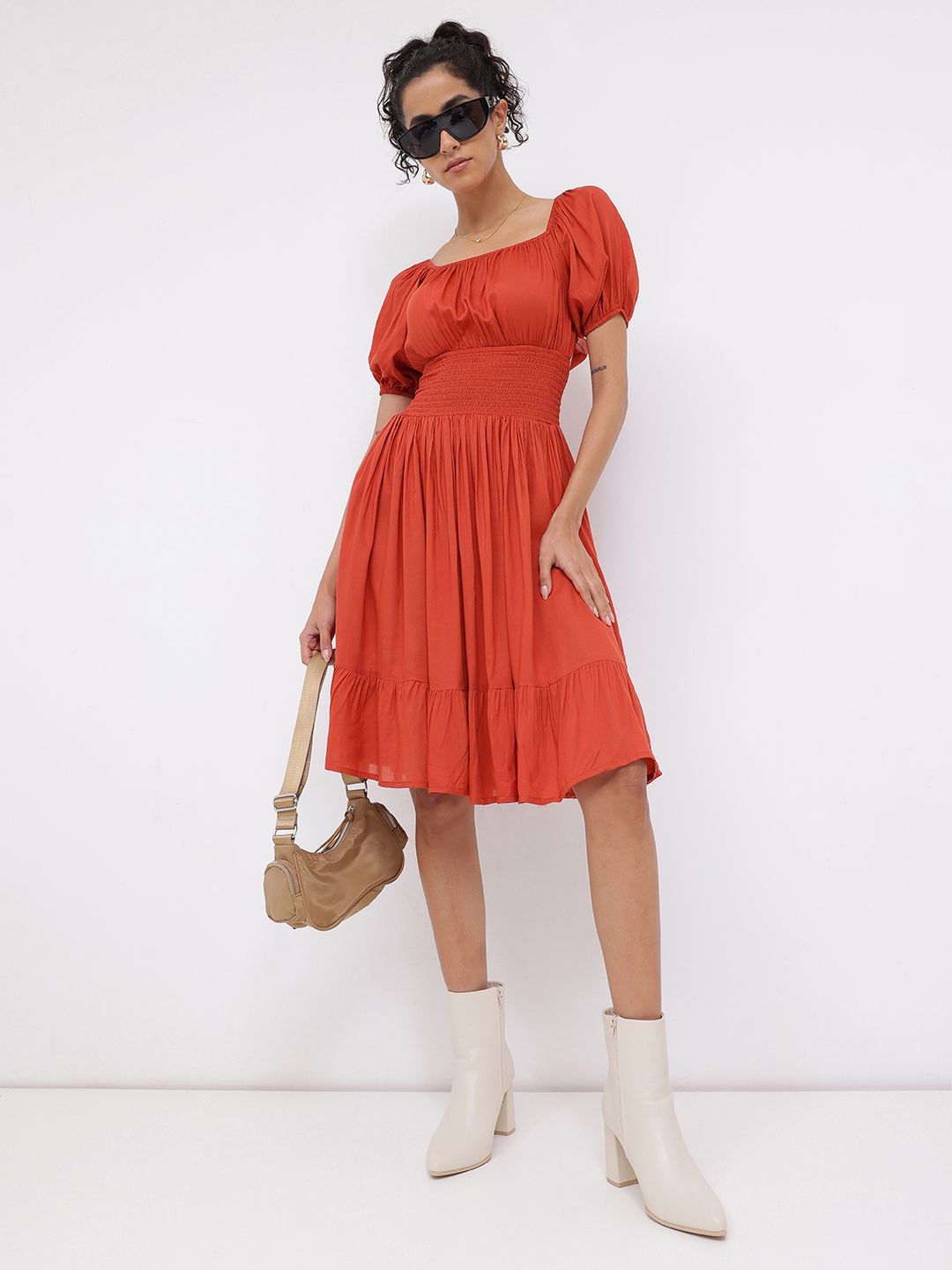 DressBerry Effortless Essence Smocked Waist Puff Sleeves A-line Dress