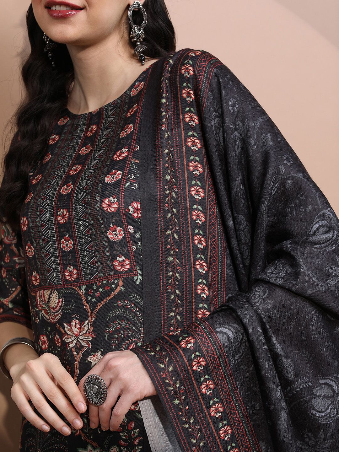 Vishudh Women Faux Pashmia Floral Printed Kurta with Palazzos & Dupatta