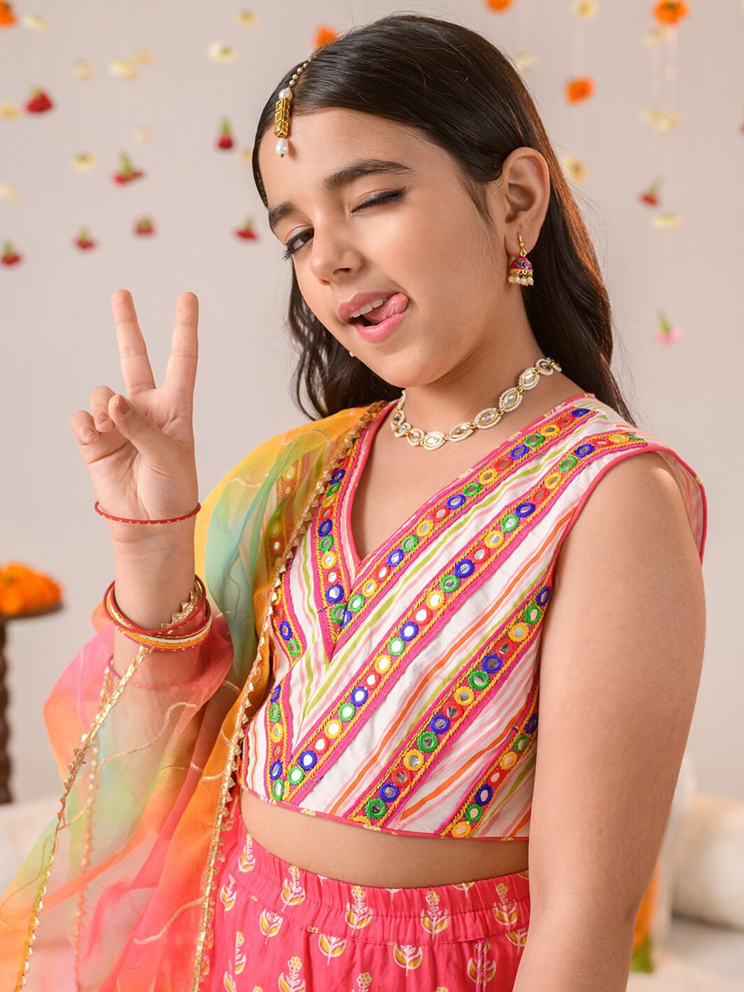 pspeaches Girls Embellished Mirror Work Ready to Wear Lehenga Choli With Dupatta