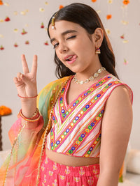 pspeaches Girls Embellished Mirror Work Ready to Wear Lehenga Choli With Dupatta