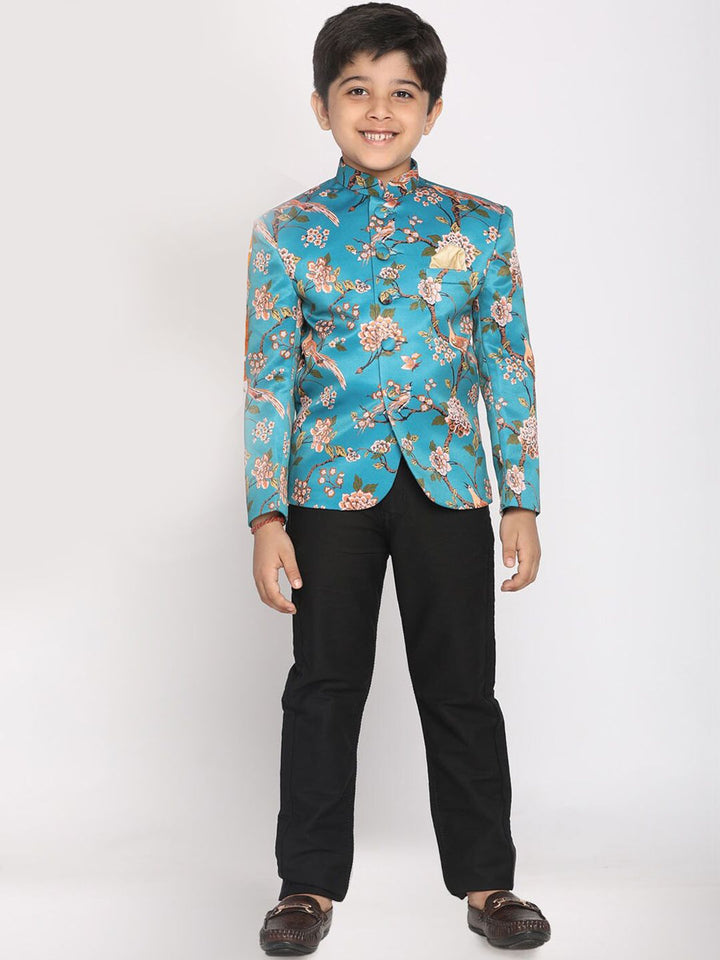 VASTRAMAY Boys Turquoise Blue Printed Bandhgala Blazer