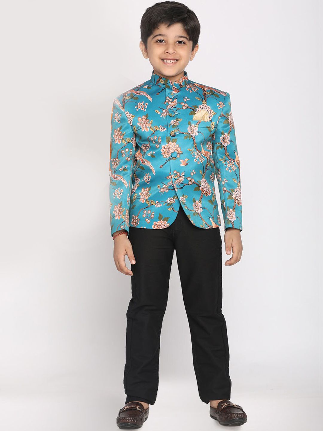 VASTRAMAY Boys Turquoise Blue Printed Bandhgala Blazer