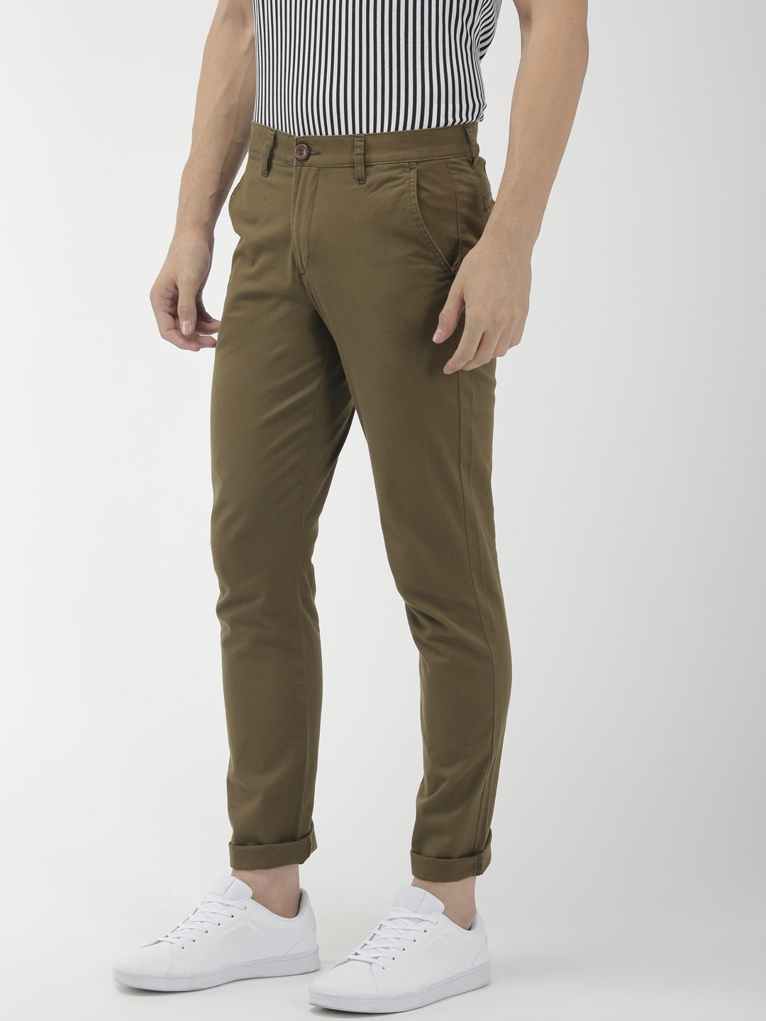 The Indian Garage Co Men Olive Green Slim Fit Solid Chinos