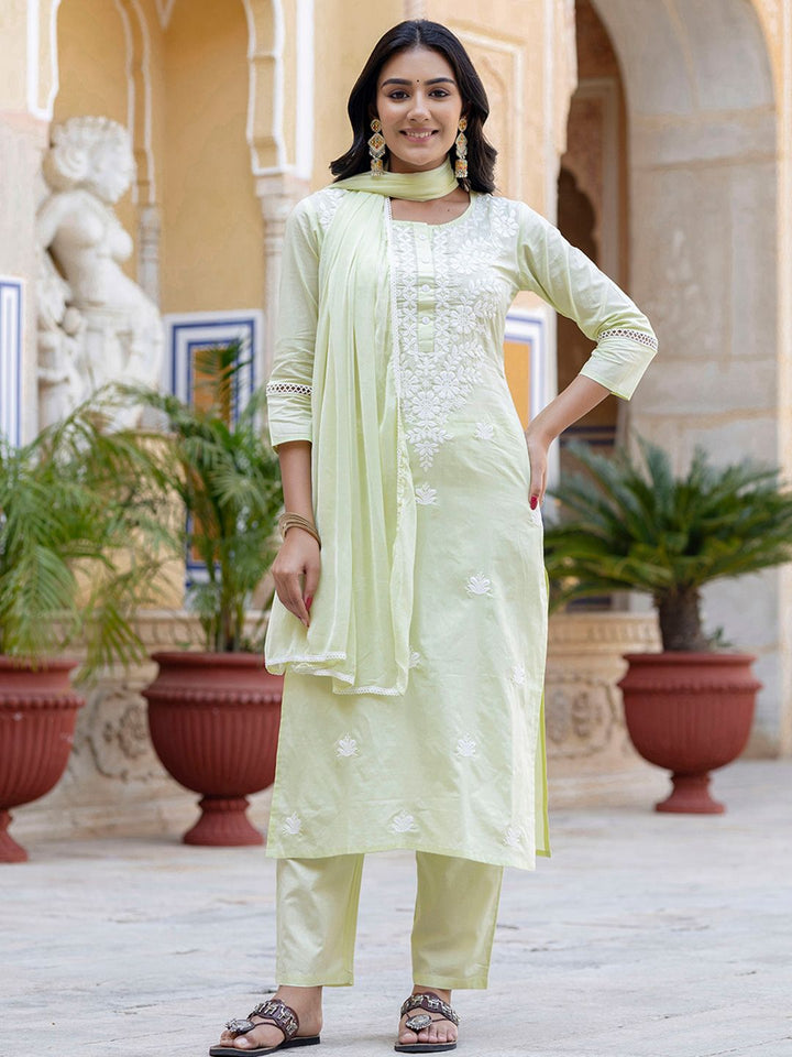 KALINI Floral Embroidered Thread Work Pure Cotton Straight Kurta With Trousers & Dupatta