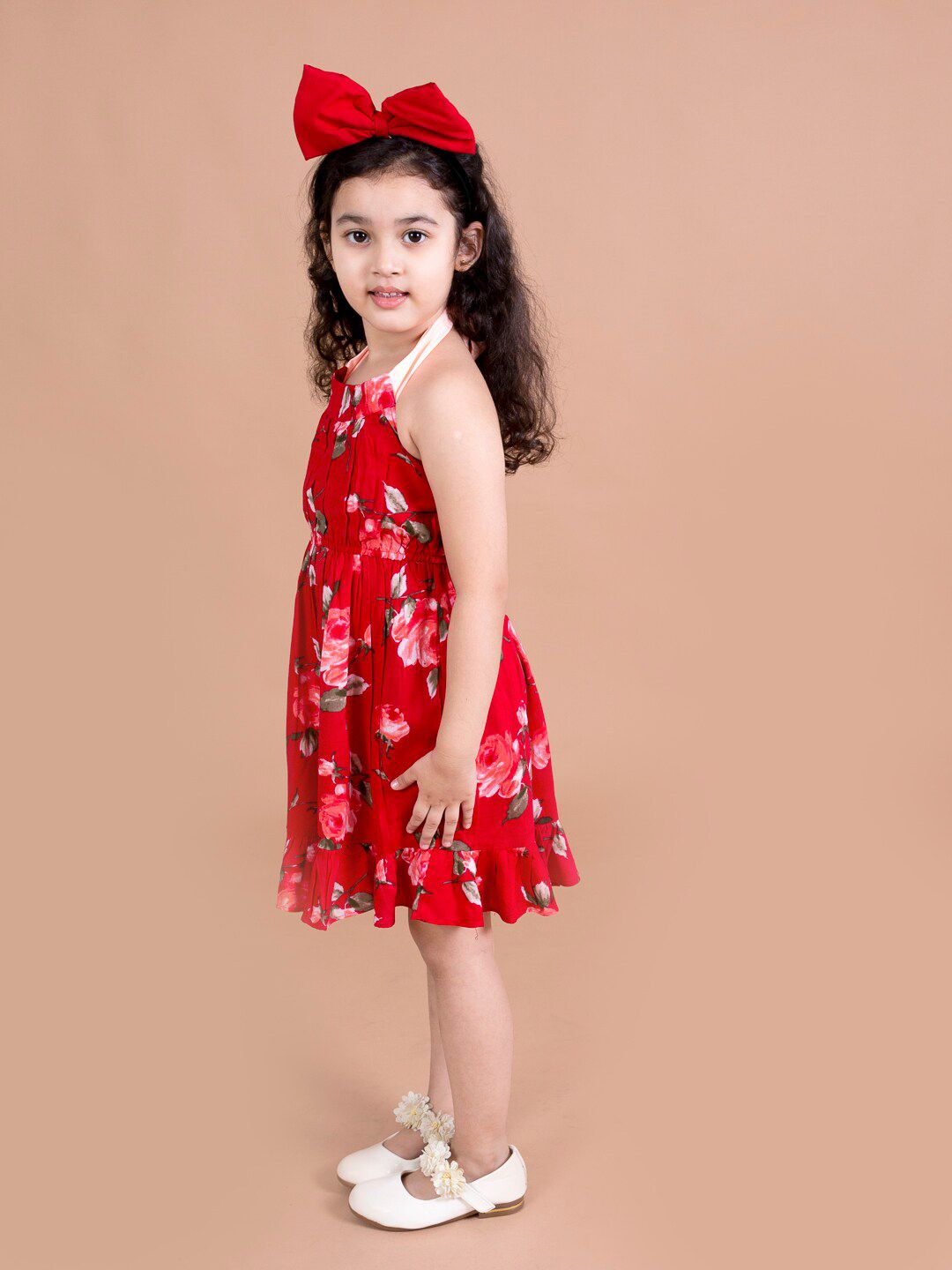 pspeaches Girls Red Floral Halter Neck Dress