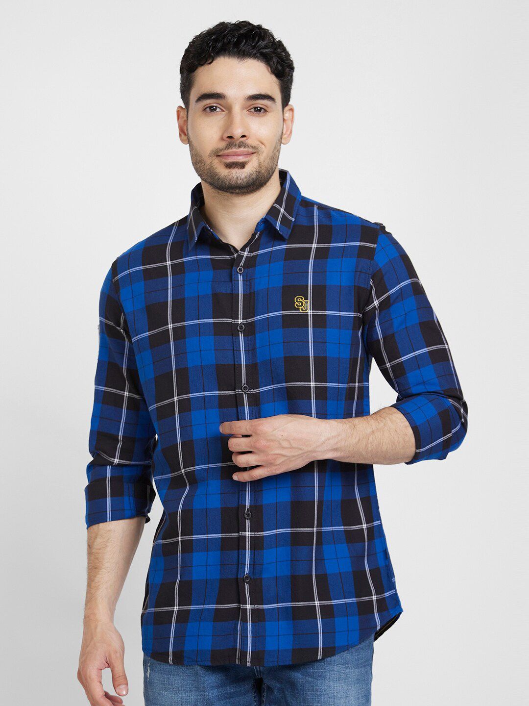 SPYKAR Classic Tartan Checks Opaque Cotton Linen Casual Shirt