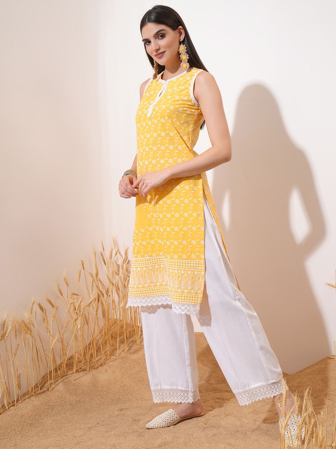Vishudh Yellow Ethnic Motifs Embroidered Thread Work Straight Kurta
