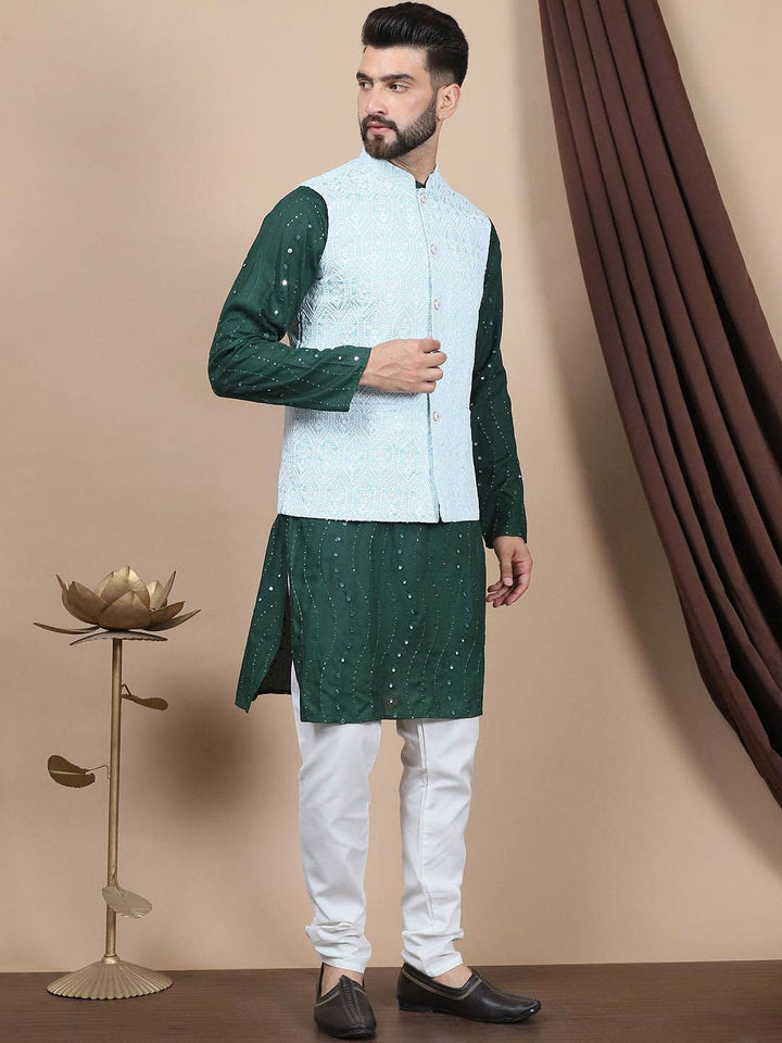 Anouk Green Floral Embroidered Straight Sequinned Pure Cotton Kurta with Churidar