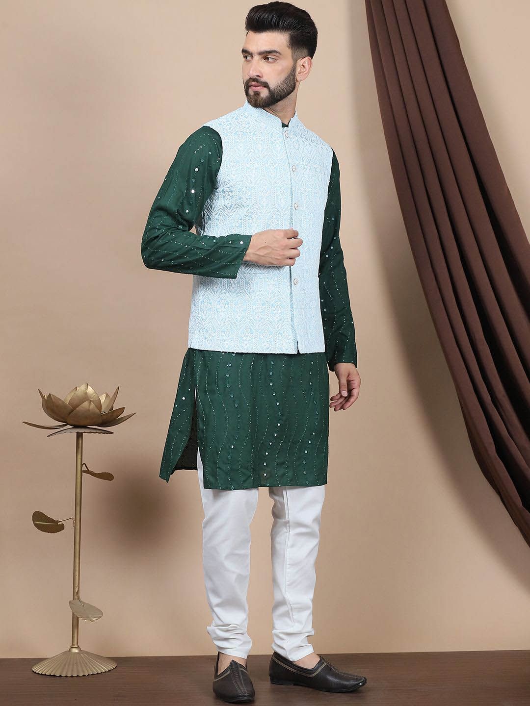 Anouk Green Floral Embroidered Straight Sequinned Pure Cotton Kurta with Churidar