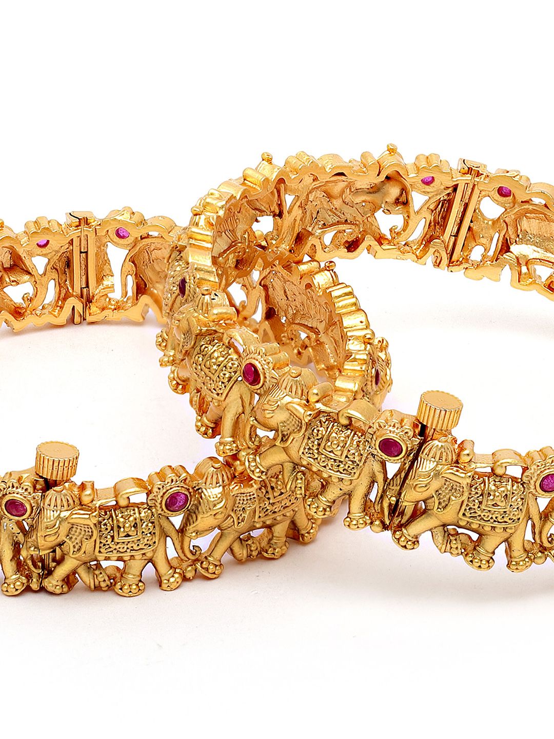 KARATCART Set Of 2 Gold-Plated & Pink Stones-Studded Rajwadi Temple Bangles