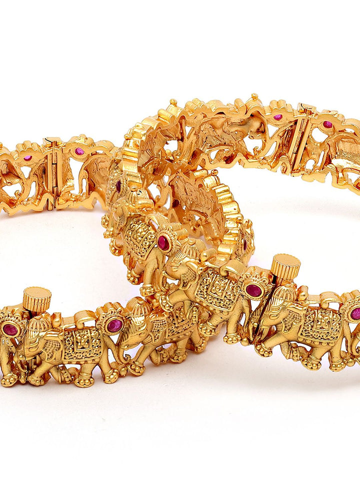 KARATCART Set Of 2 Gold-Plated & Pink Stones-Studded Rajwadi Temple Bangles