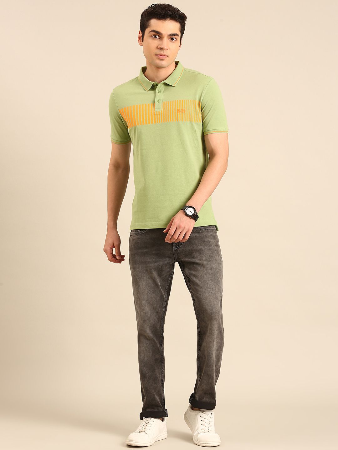 Being Human Striped Polo Collar Pure Cotton T-shirt