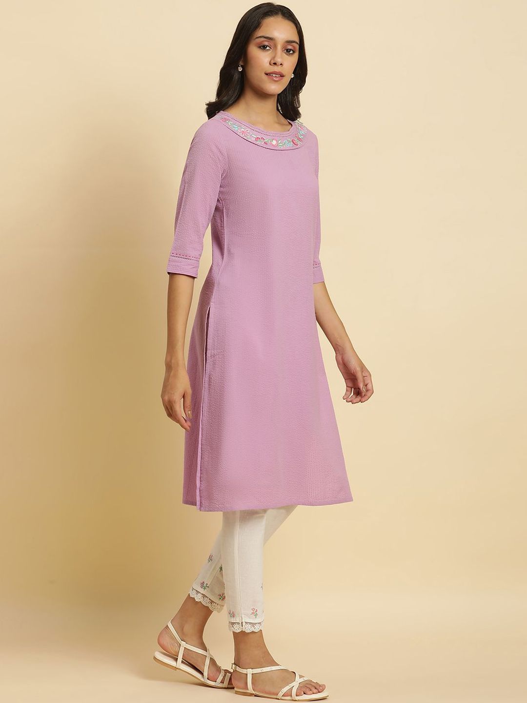 W Purple Thread Work Cotton Straight Kurta