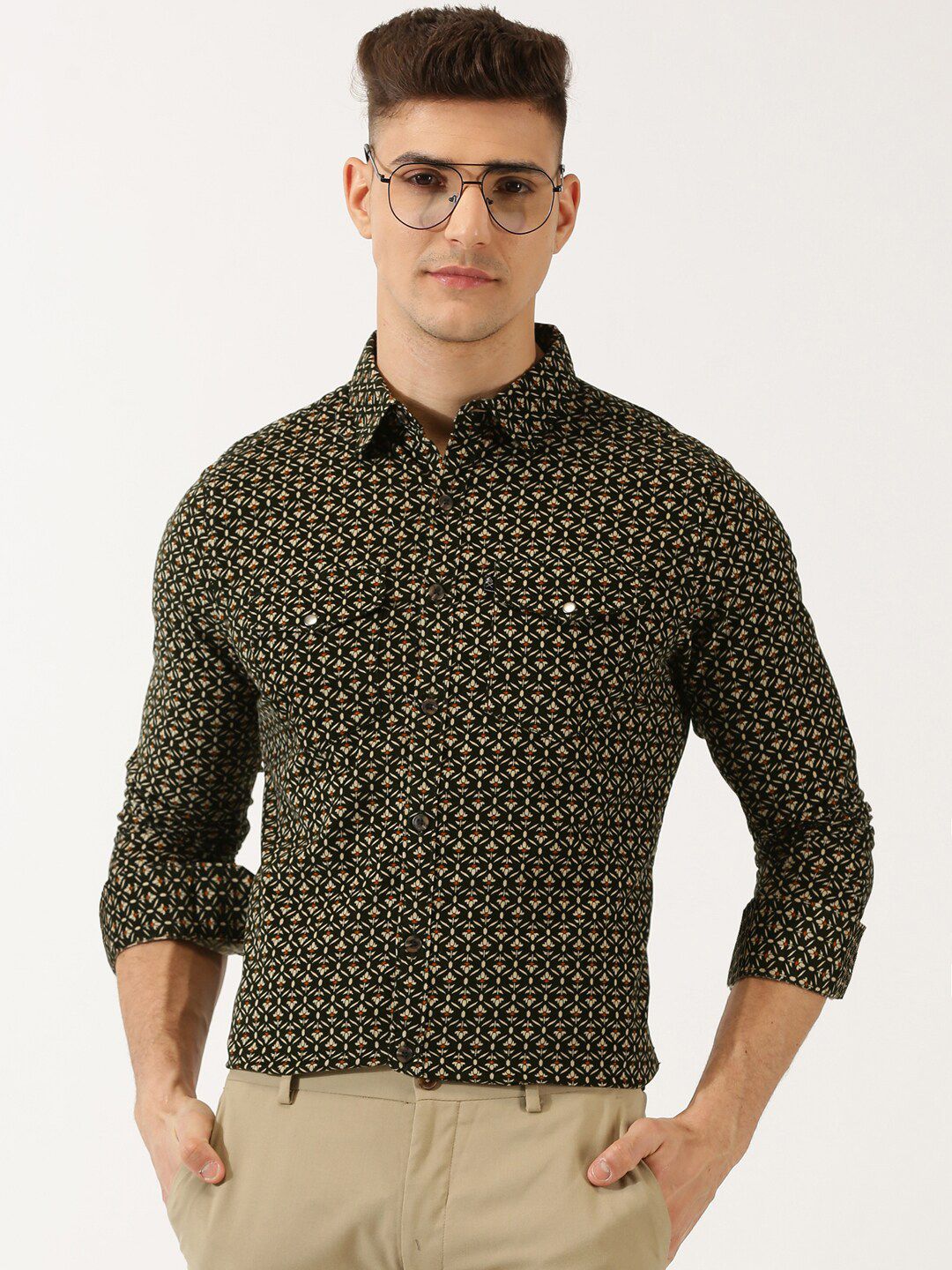 Thomas Scott Classic Slim Fit Floral Printed Cotton Corduroy Semiformal Shirt