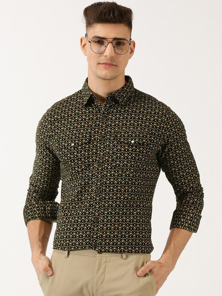 Thomas Scott Classic Slim Fit Floral Printed Cotton Corduroy Semiformal Shirt