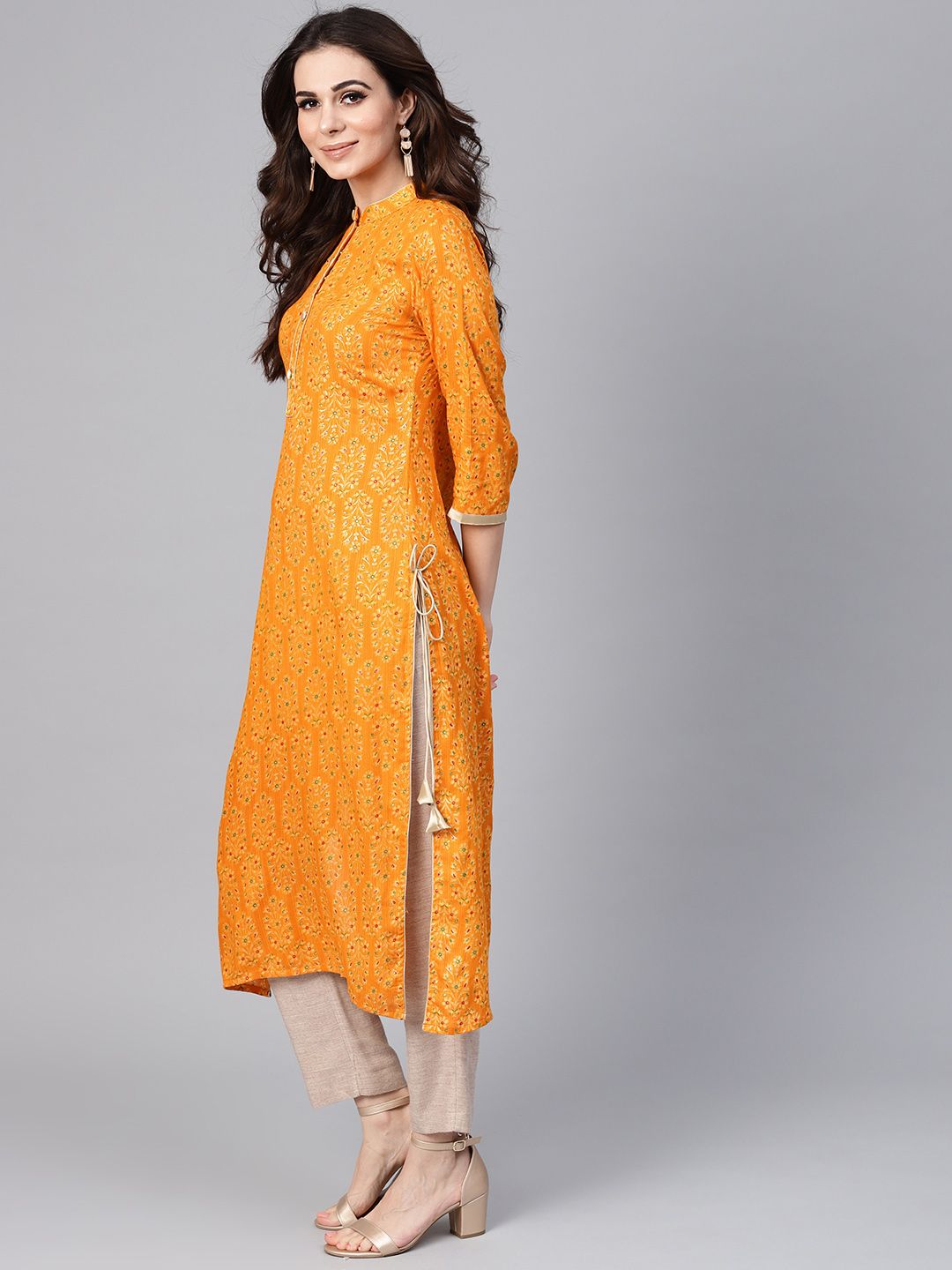 Libas Women Mustard Yellow Printed Straight Kurta