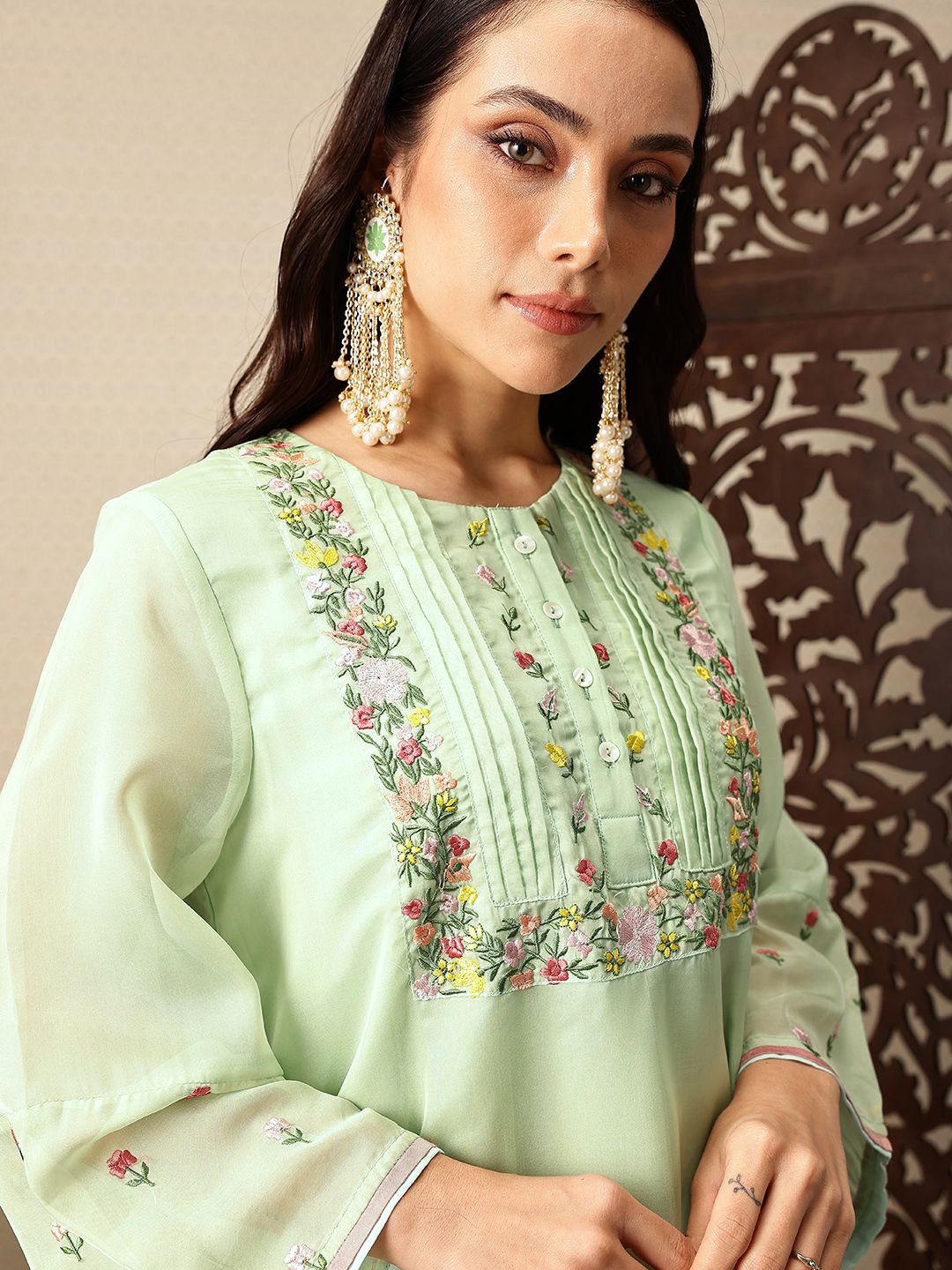 House of Pataudi Floral Embroidered Jashn Kurta with Palazzos & Dupatta