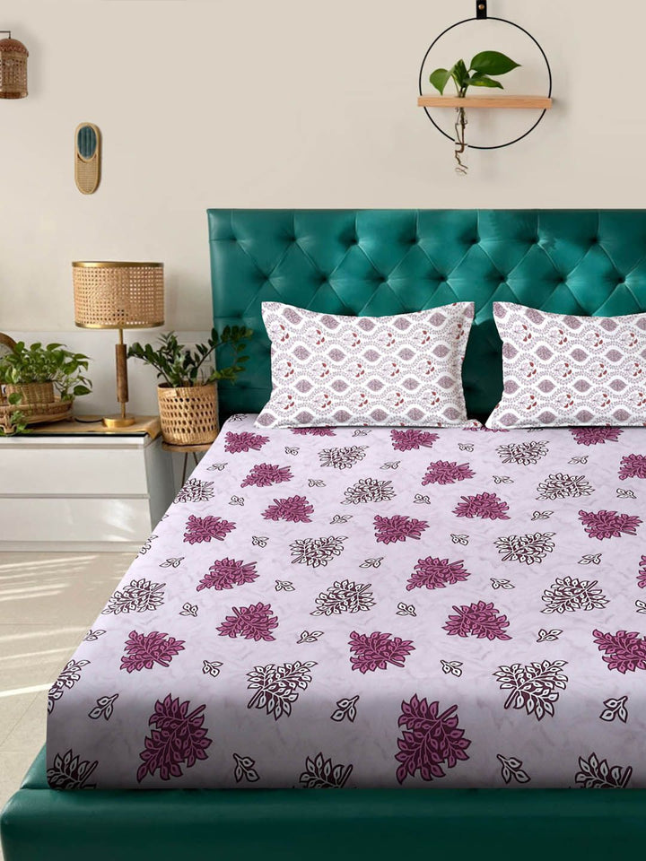 KLOTTHE Purple Floral 400 TC King Bedsheet with 2 Pillow Covers