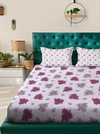 KLOTTHE Purple Floral 400 TC King Bedsheet with 2 Pillow Covers
