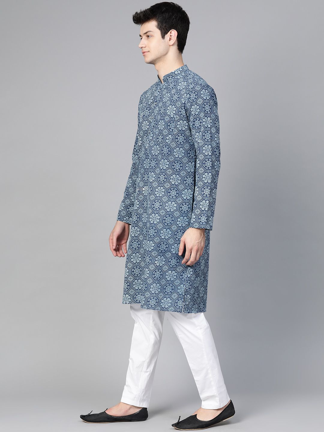 See Designs Men Navy Blue & White Handloom Handblock Print Sustainable Straight Kurta