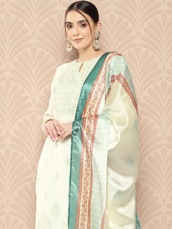 Libas Women Cream-Coloured Floral Printed Chanderi Silk Kurta with Trousers & With Dupatta