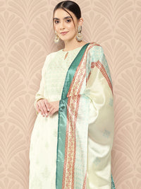 Libas Women Cream-Coloured Floral Printed Chanderi Silk Kurta with Trousers & With Dupatta