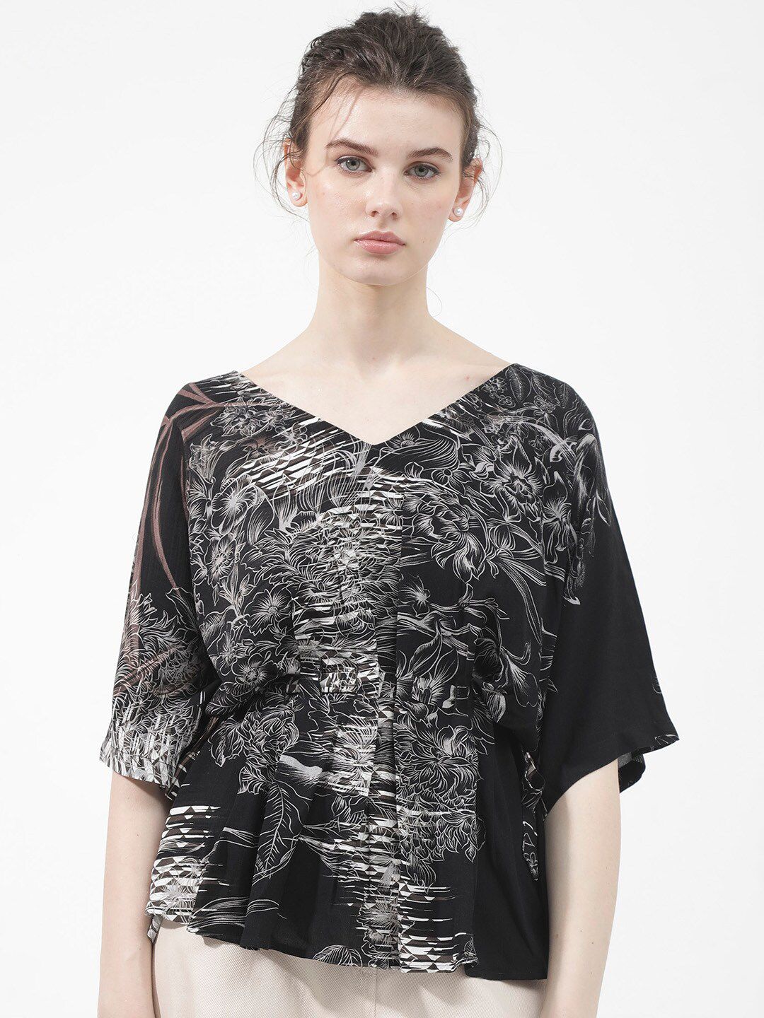 RAREISM Printed Kimono Sleeve V-Neck Cinched Waist Top