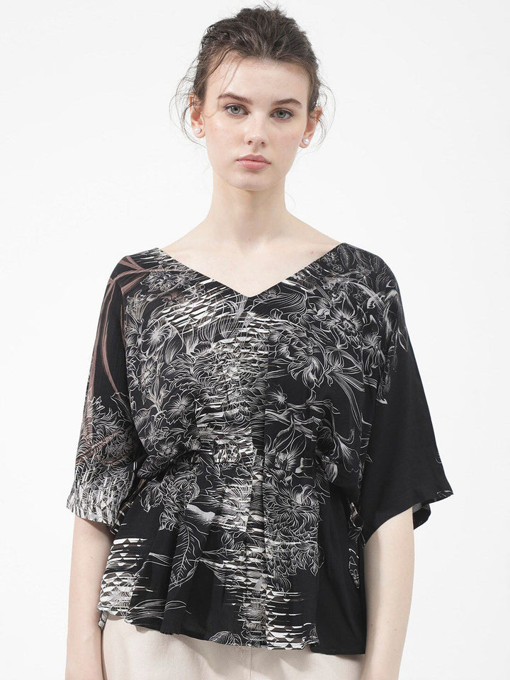 RAREISM Printed Kimono Sleeve V-Neck Cinched Waist Top
