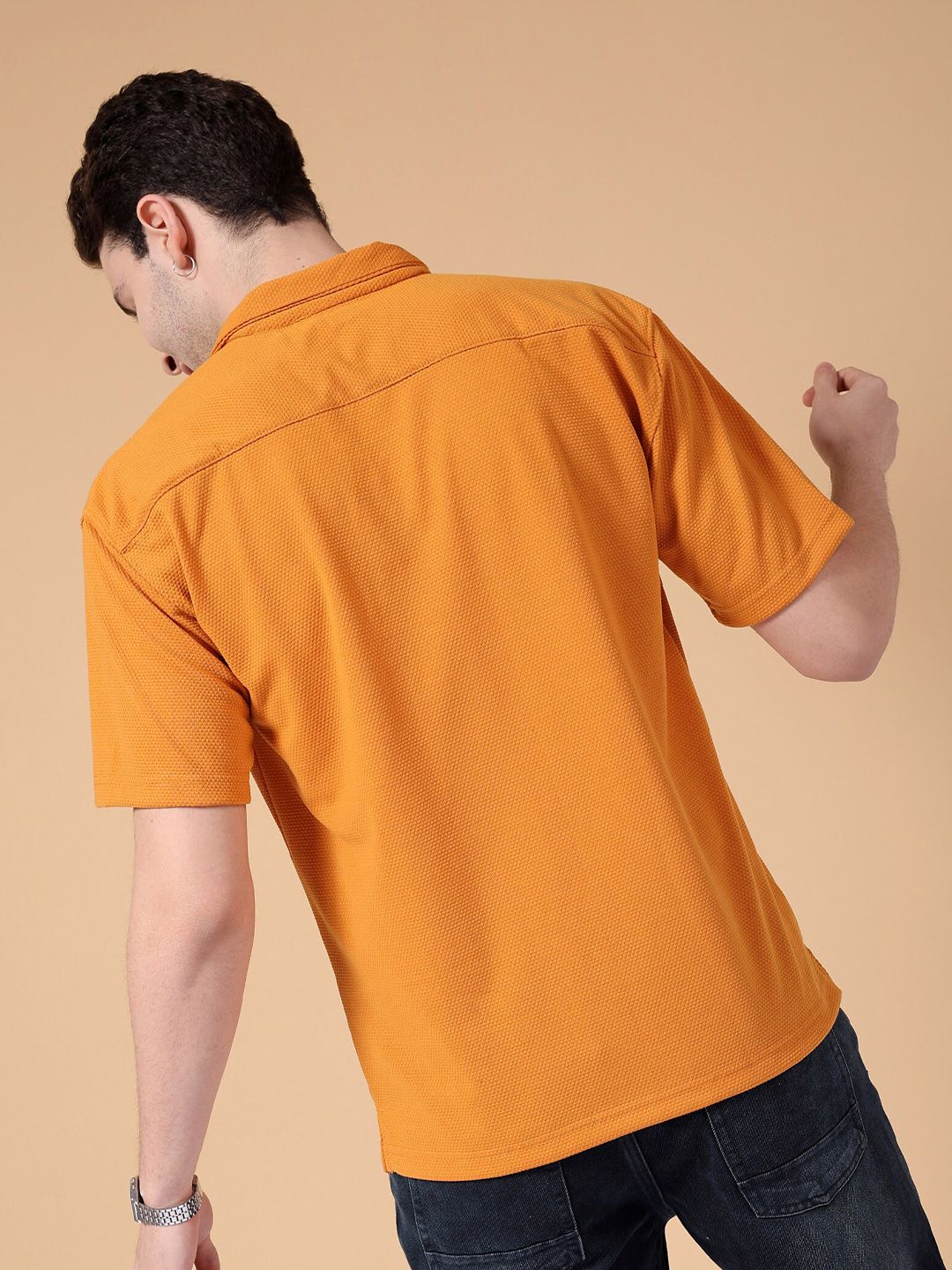 The Indian Garage Co Cuban Collar Self Design Oversized Casual Shirt