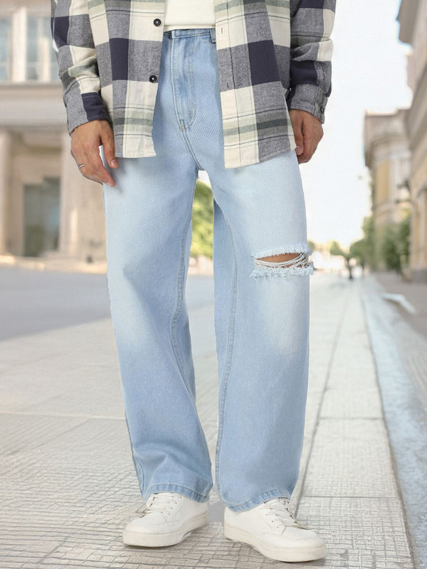 Urbano Fashion Men Pure Cotton Loose Relaxed Fit Slash Knee Heavy Fade Jeans