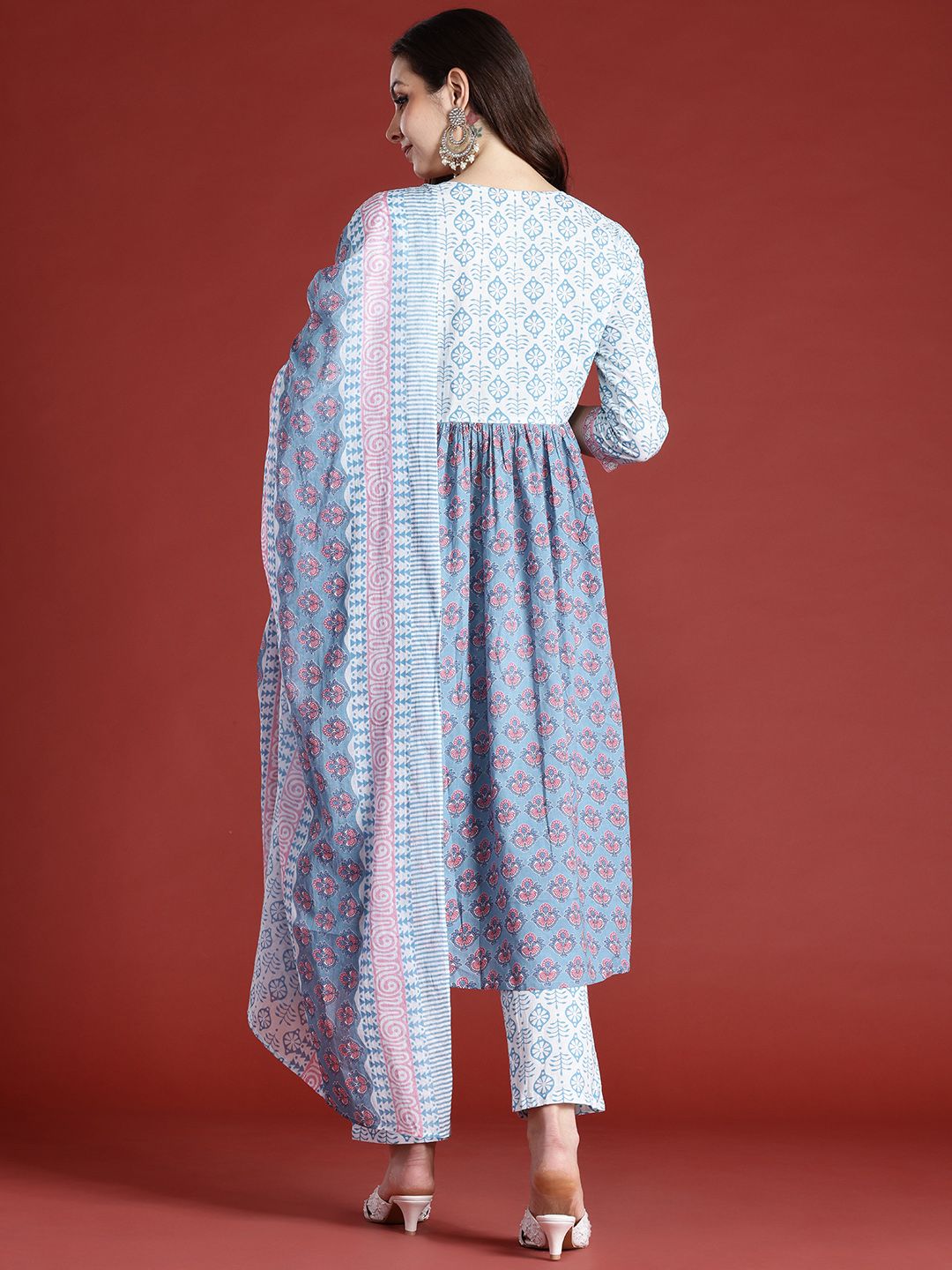 Indo Era Floral Printed Empire Beads and Stones Pure Cotton Kurta with Trousers & Dupatta
