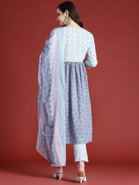 Indo Era Floral Printed Empire Beads and Stones Pure Cotton Kurta with Trousers & Dupatta