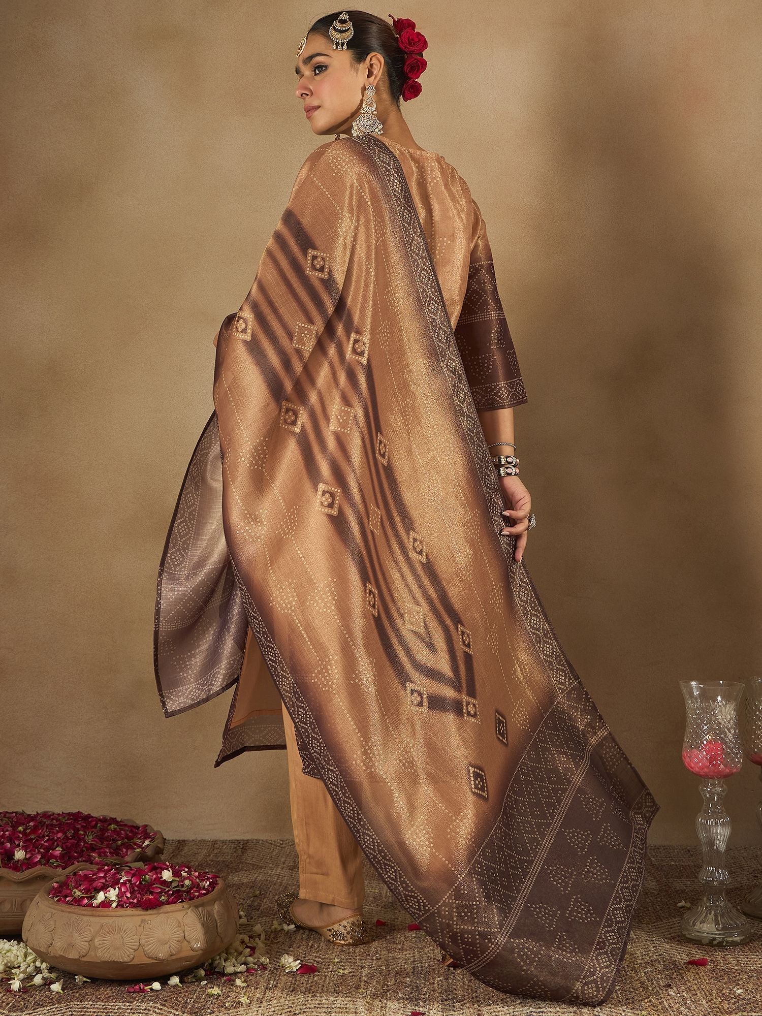 Indo Era Floral Embroidered Embellished V-Neck Straight Kurta with Trouser And Dupatta