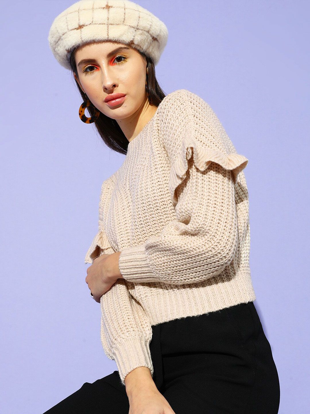 STREET 9 Women Beige Ribbed Round Neck Pullover