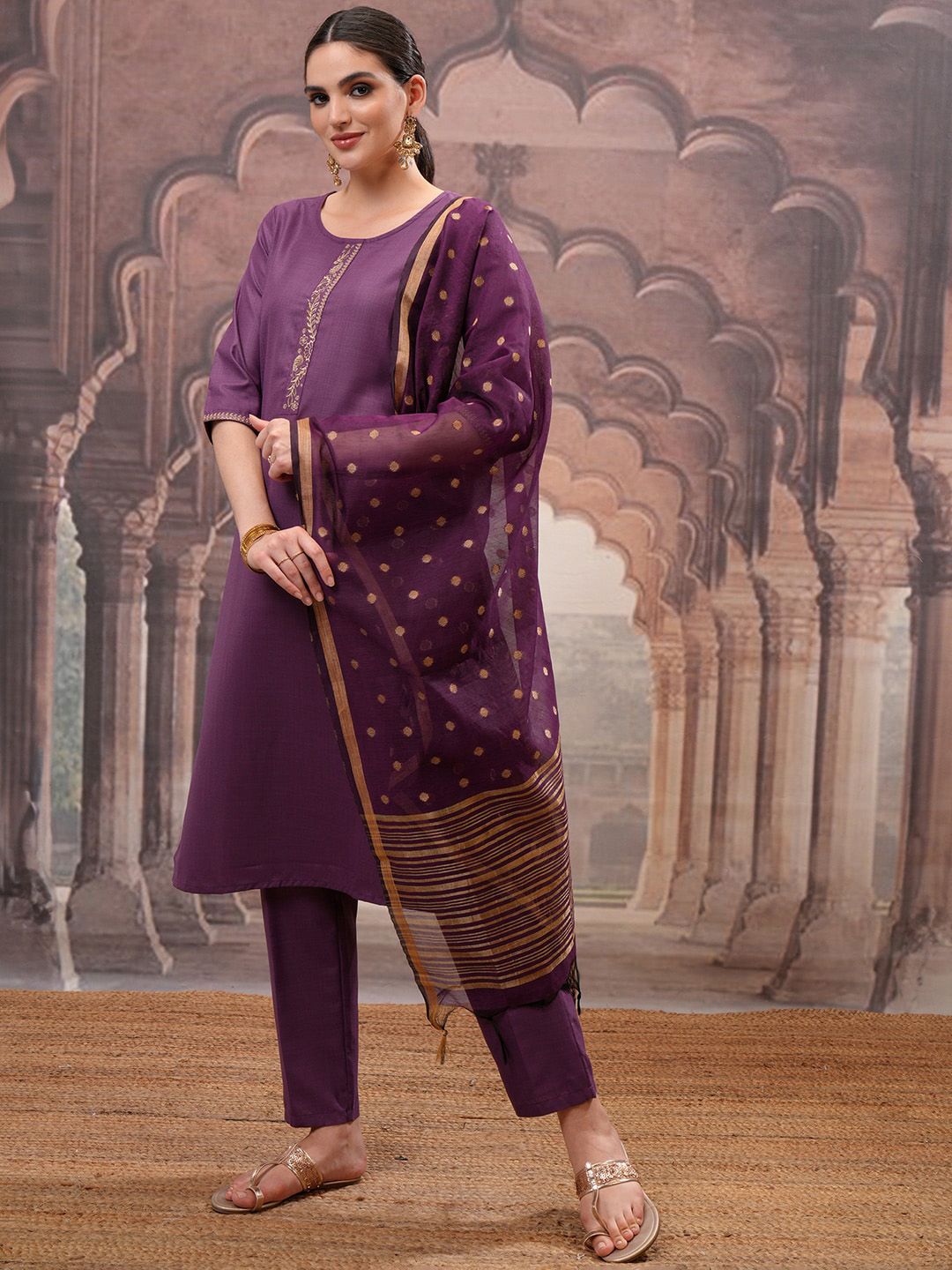 Vishudh Purple Embroidered Round Neck Straight Kurta with Trouser & Dupatta