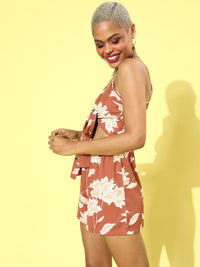 Berrylush Brown & White Floral Printed Jumpsuit