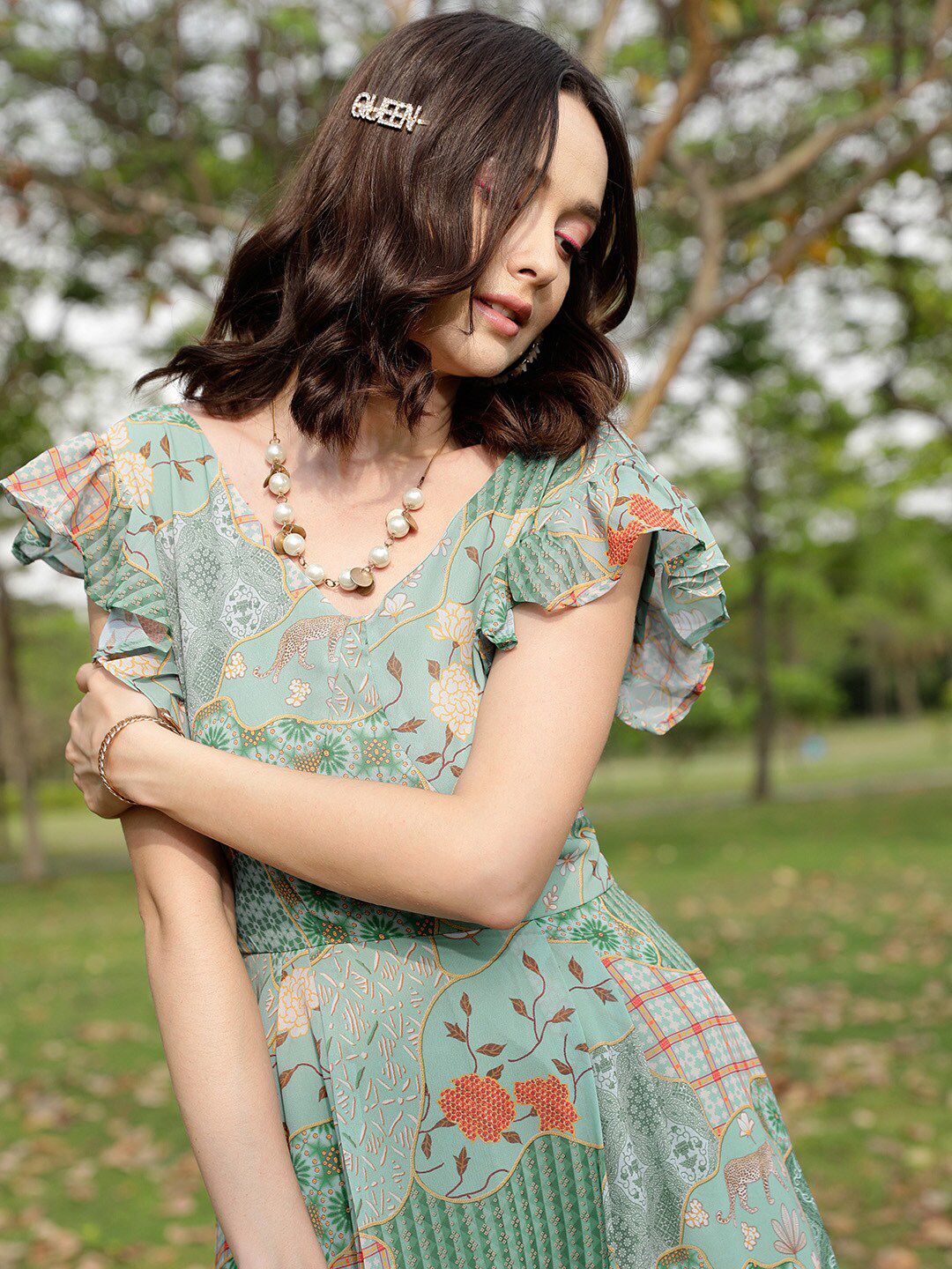 STREET 9 Green Floral Print Flutter Sleeve Georgette A-Line Dress