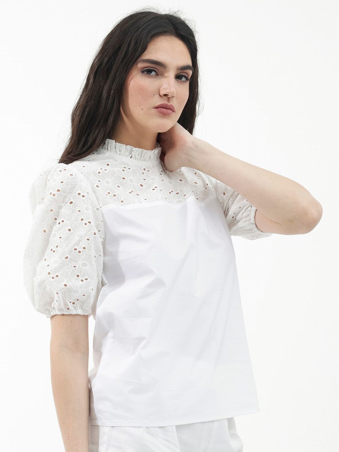 RAREISM Floral Embellished Puff Sleeve Cotton Top