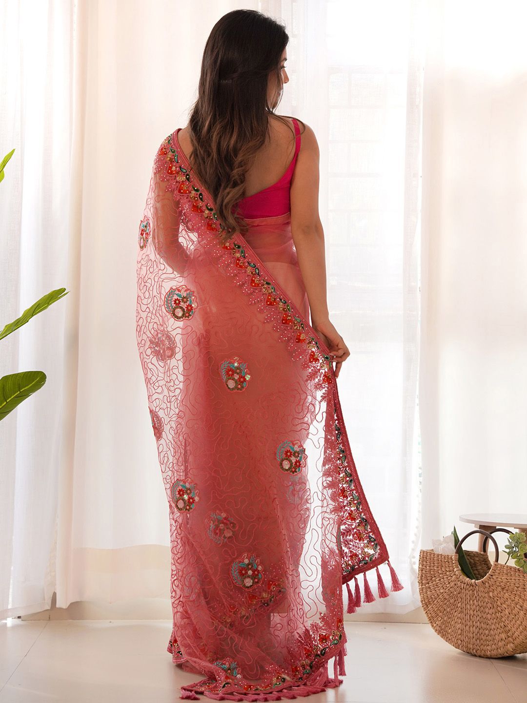 Saree mall Floral Embroidered Beads and Stones Net Sarees