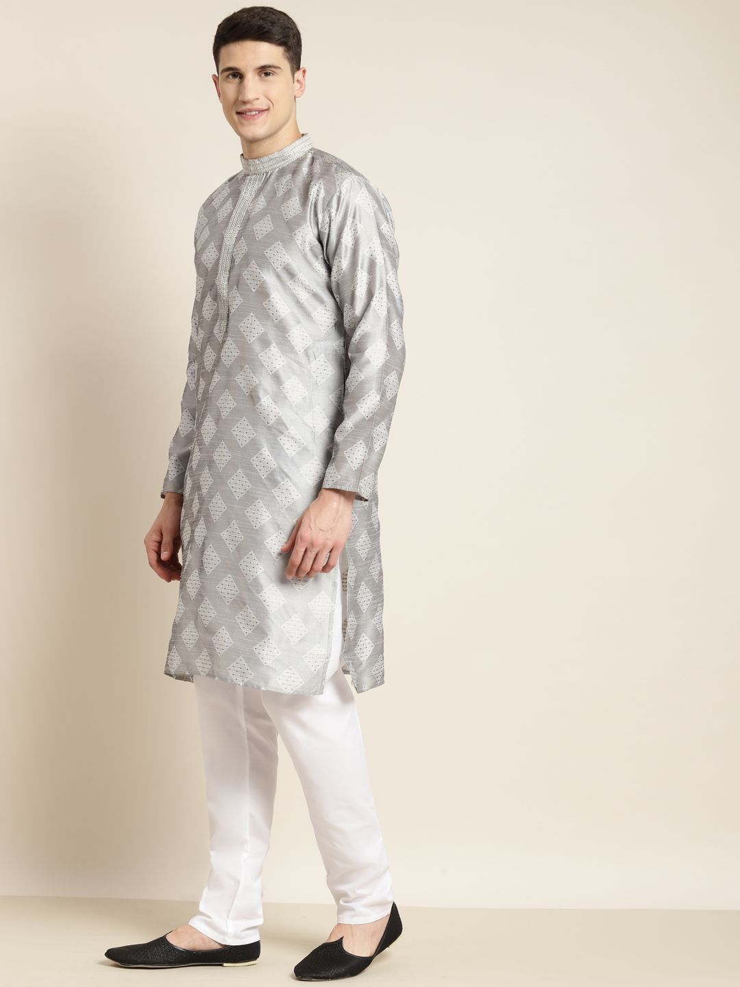 SOJANYA Men Grey & Golden Ethnic Motifs Kurta