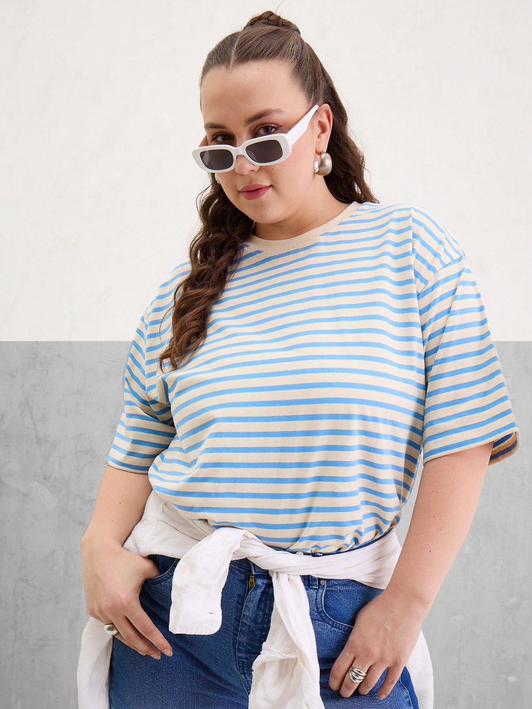 SASSAFRAS Curve Women Plus Size Striped Round Neck Relaxed Fit T-shirt