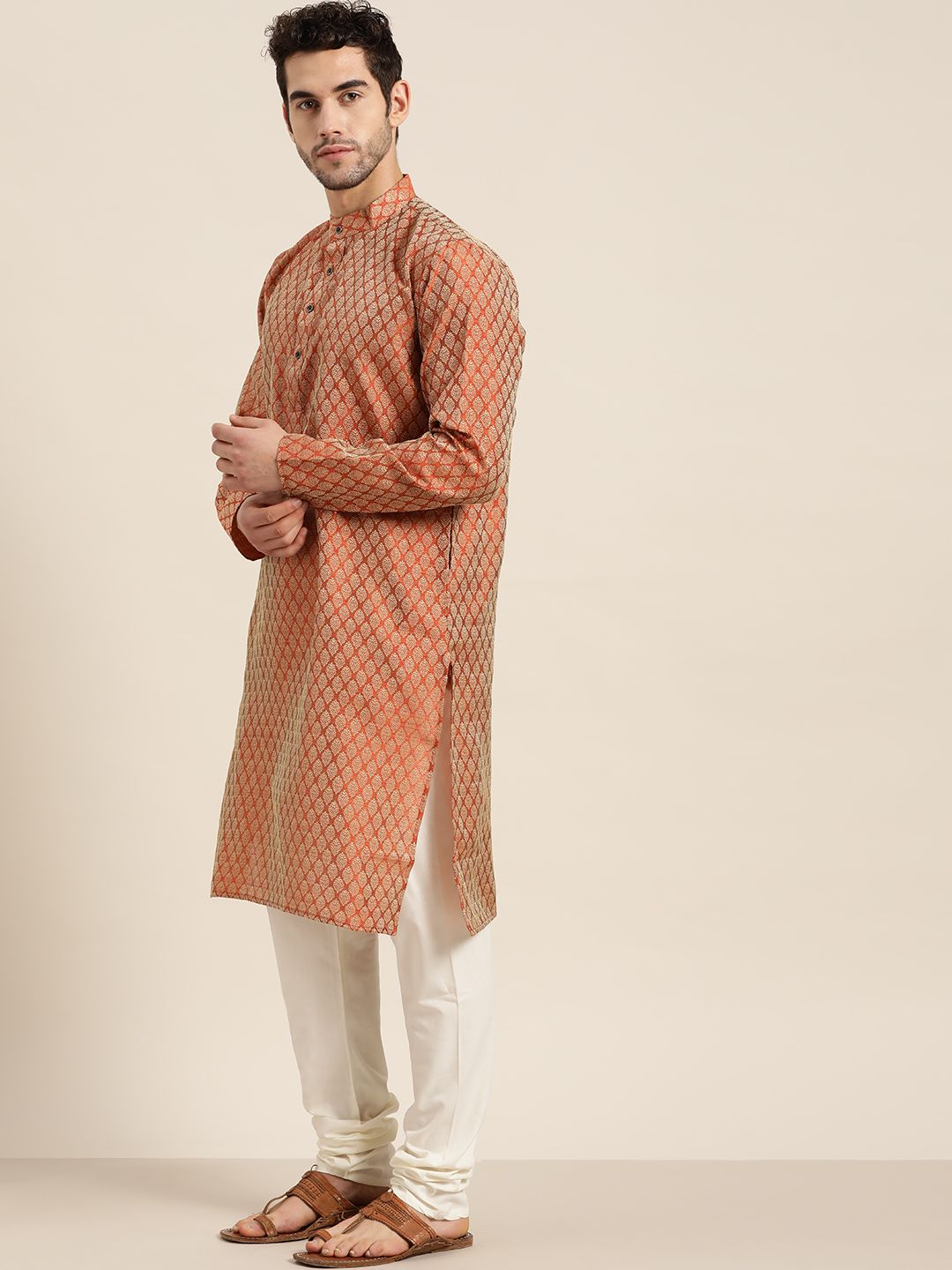 Sojanya Men Rust Orange & Cream-coloured Jacquard Woven Design Kurta With Churidar
