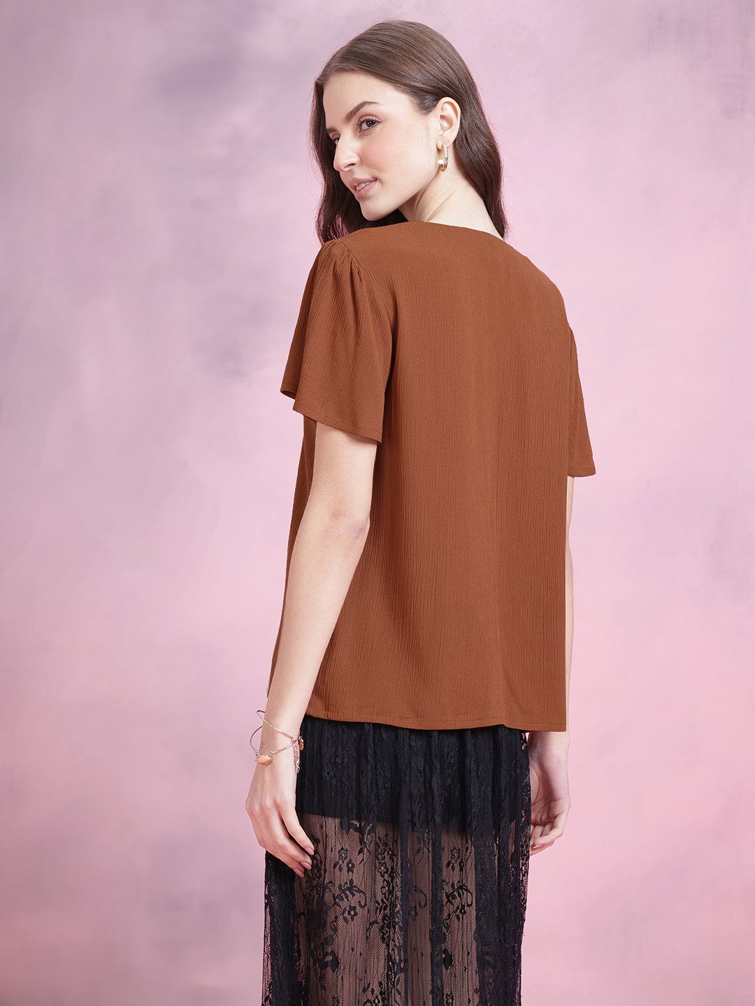 DressBerry Flutter Sleeve Crinkle Effect Shirt Style Top