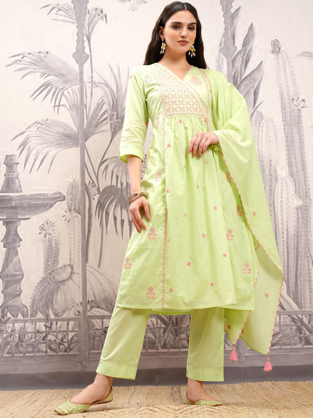 Vishudh Floral Embroidered Angrakha Thread Work Pure Cotton Kurta with Trousers & Dupatta