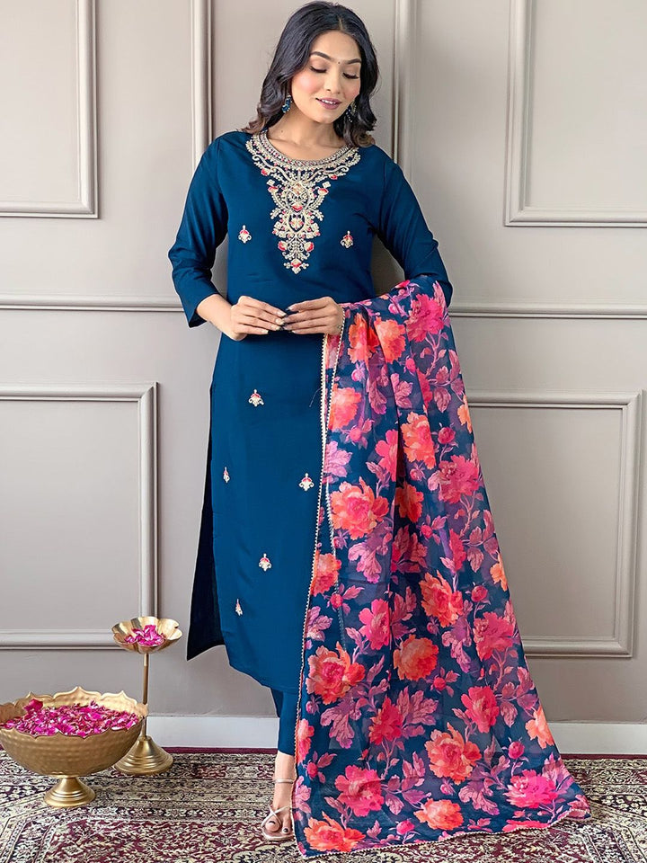 KALINI Floral Embroidered Regular Thread Work Straight Kurta With Trousers & Dupatta